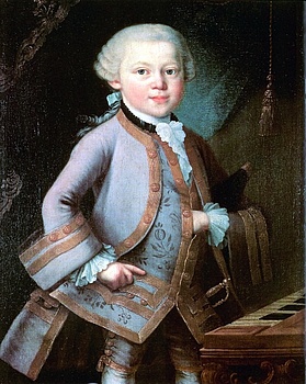 Painting of Mozart in court dress. Painted by Pietro Antonio Lorenzoni in 1763.